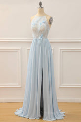 Bridesmaid Dresses Orange, Sky Blue A-line Bateau Tulle 3D Applique Long Prom Dress